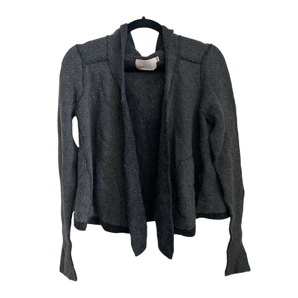 YOON Small Sweater Open Front Draped Hooded Gray Knit Wool Blend